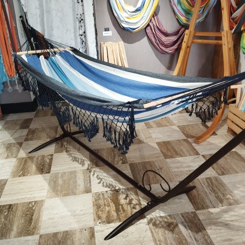 Hamac frange pour deux personnes, couleur bleu, blanc et bleu foncé